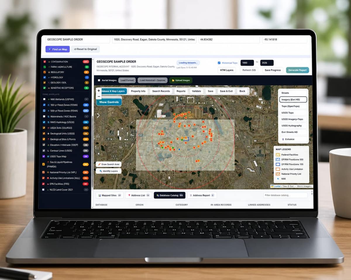 Geoscope platform showing live GIS map layers and the environmental database catalog on a laptop screen