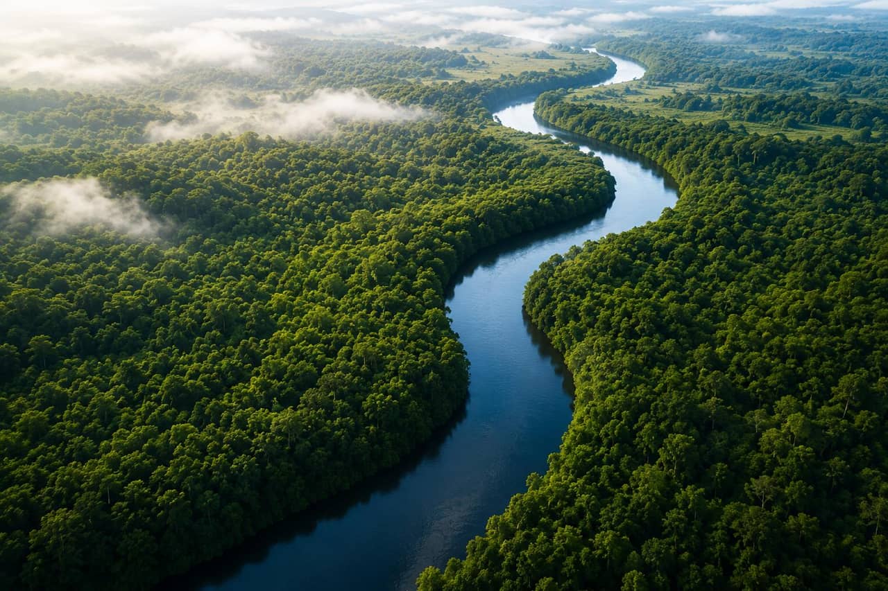 Aerial view of a river winding through forested land under morning mist
