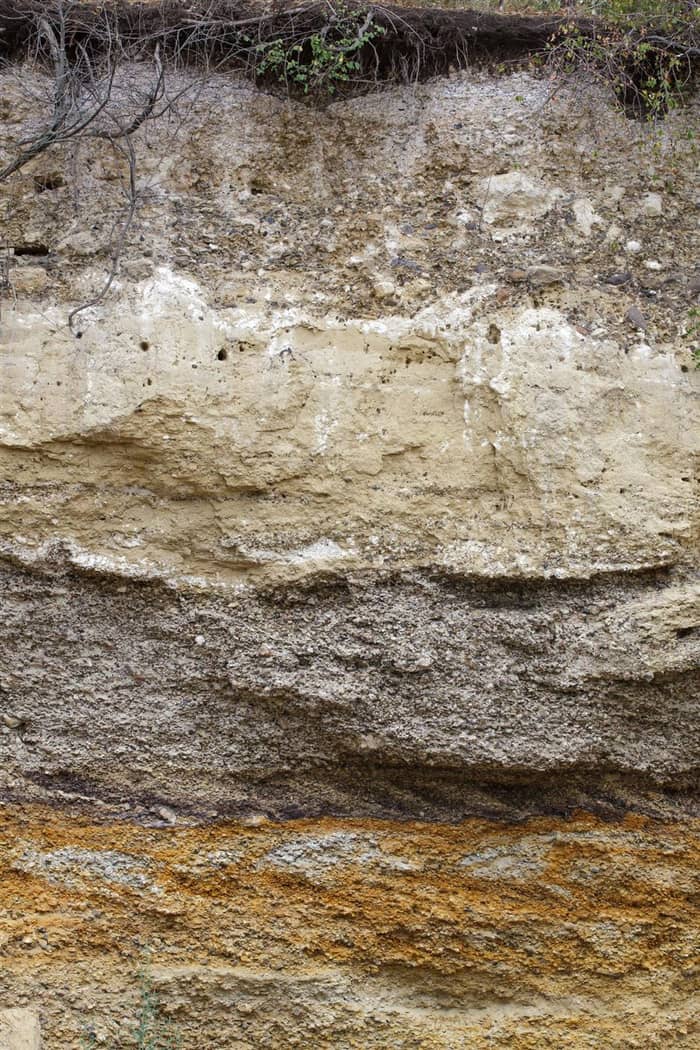 Cross-section of a soil profile showing layers of gravel, silt and iron-stained sand beneath the surface