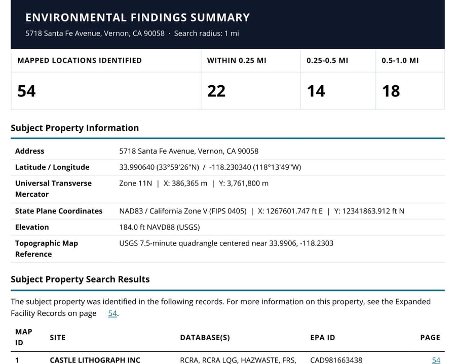 Sample report findings summary: mapped locations by distance and the subject property details