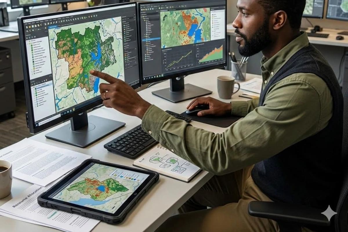 An analyst reviewing environmental maps across multiple screens