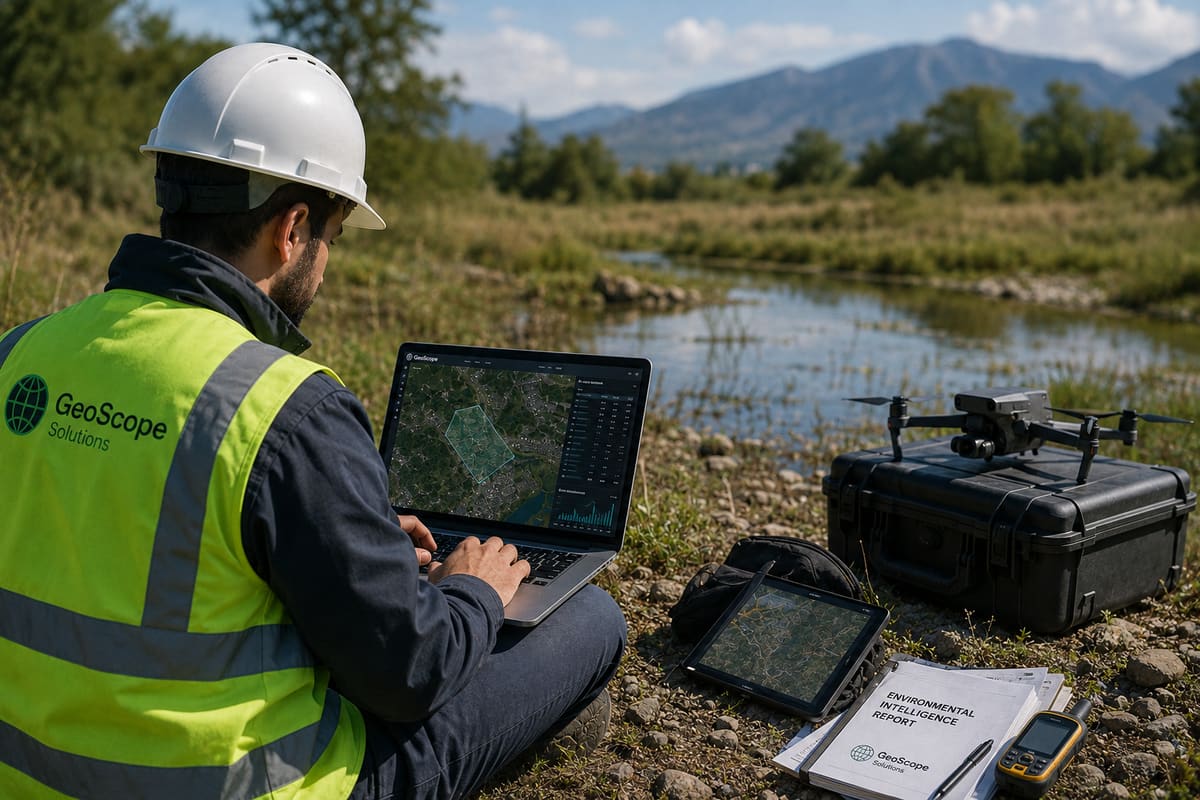 An environmental professional working on a laptop at a site