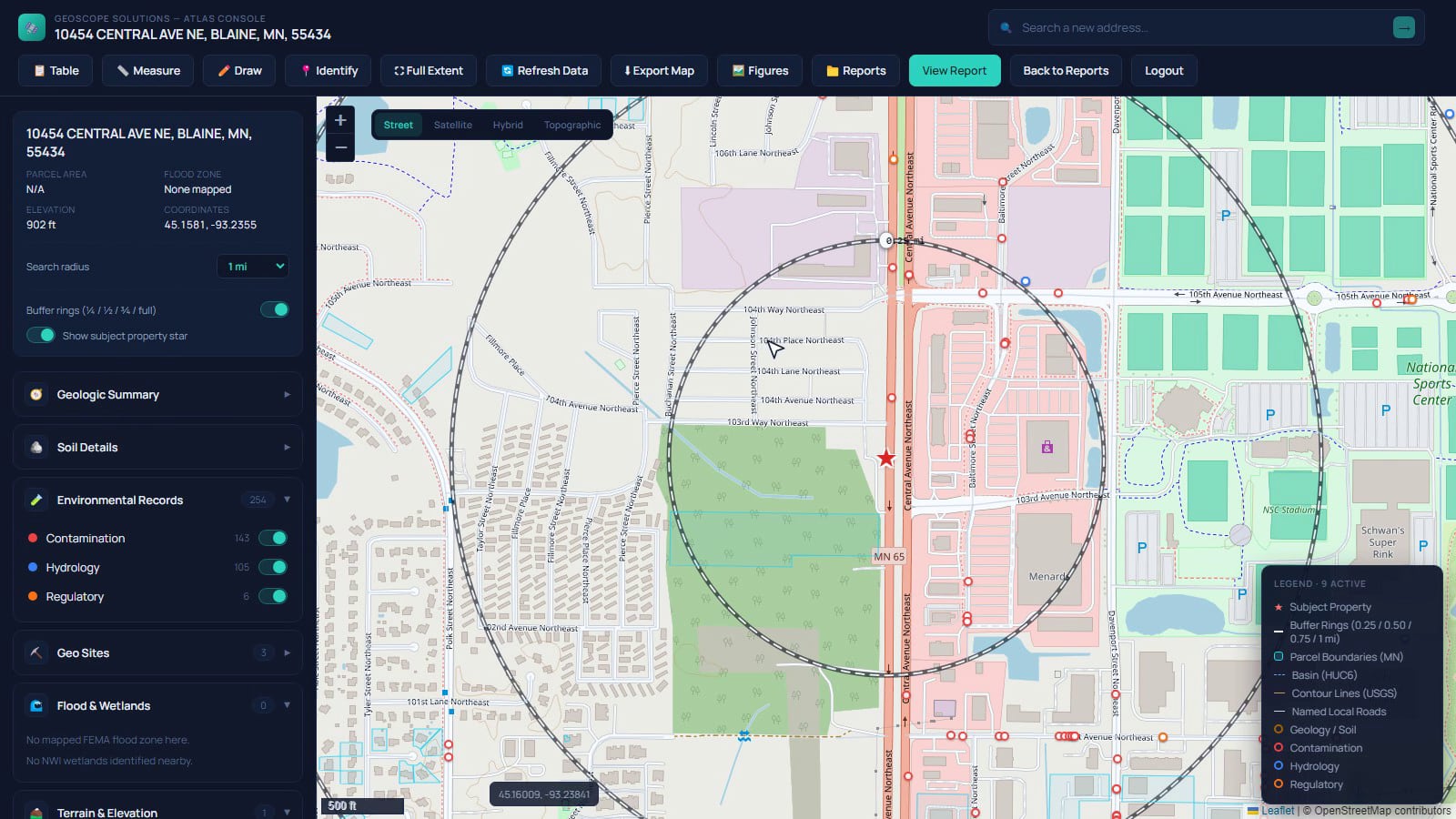 Geoscope Atlas console showing every environmental record within one mile of an address, with buffer rings and layer controls