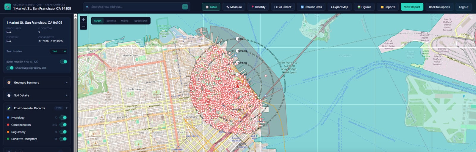 Geoscope Atlas console for 1 Market St, San Francisco, with numbered environmental records, buffer rings, and layer controls