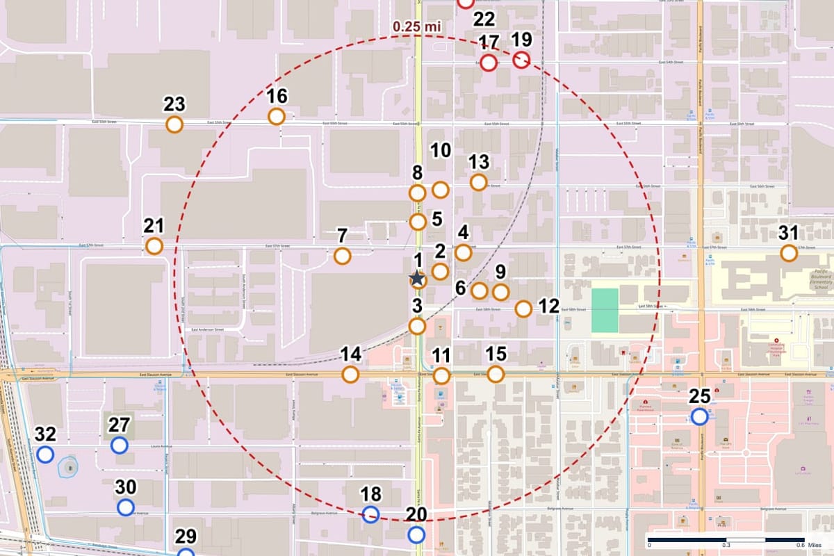 Close-up map with numbered environmental records inside a 0.25 mile buffer ring around the subject property