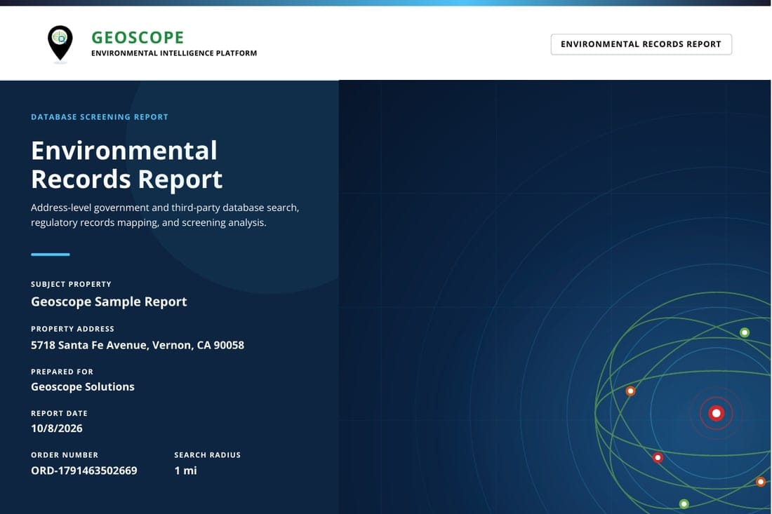Cover page of the Geoscope sample environmental records report showing the report date, search radius and subject property address