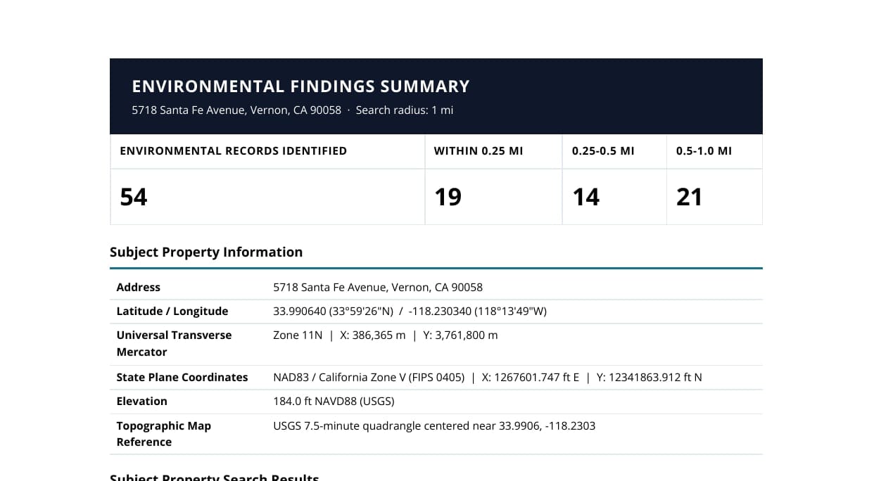 Environmental findings summary from a Geoscope site report