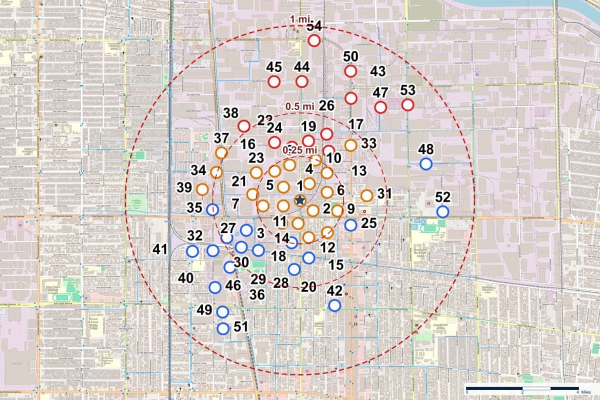 Proximity map of environmental records around the subject property with distance rings