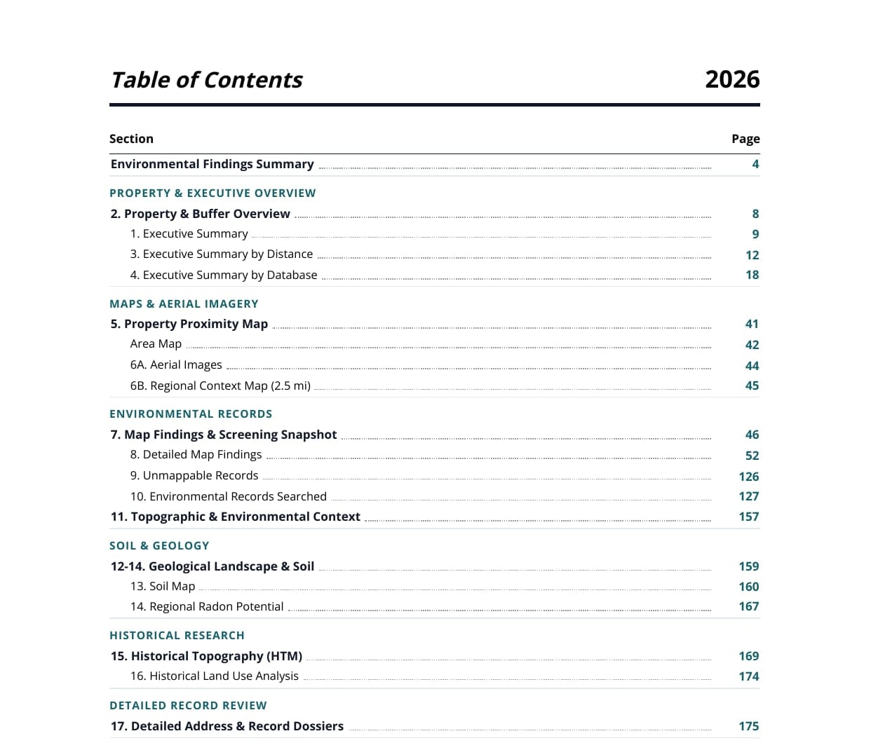Table of contents of a Geoscope report, organized by database